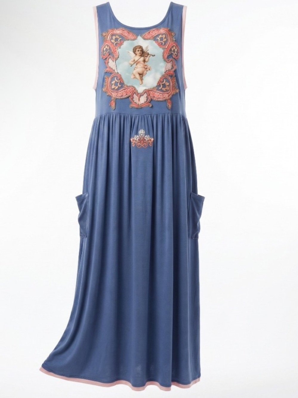 “Angel of Love “ Hand Crafted Navy Blue Maxi Dress with Pink & Orange Accents - Picture 5 of 6